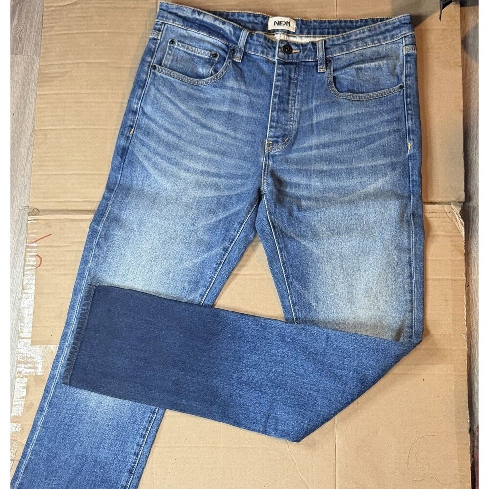 NEON Men's Blue Medium Wash Straight Denim Jeans 5-Pocket Button Zip